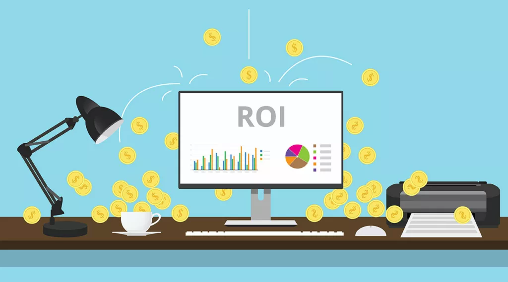 graphic with dollar signs flying from computer monitor displaying "ROI" and graphs