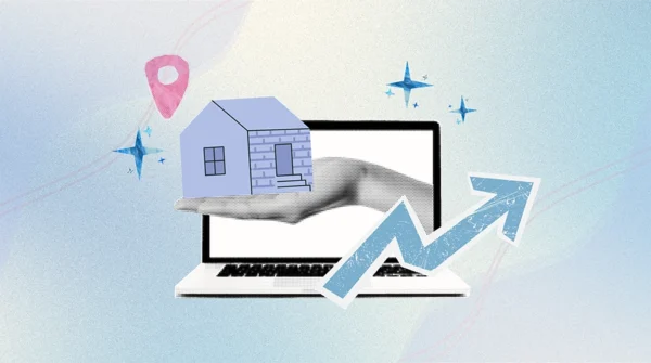 A collage style illustration of a computer with a hand holding a store, showing the concept of franchise seo