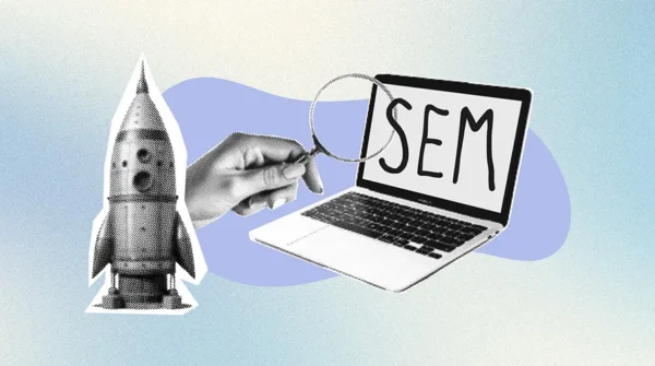 a blue background with a cut out image of a laptop and a rocket, showing the concept of how search engine marketing (SEM) can help businesses grow