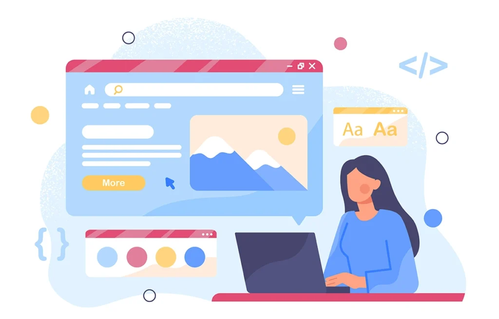 A cartoon style illustration of a UX designer working on a computer at a desk