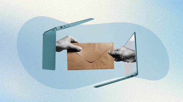 A collage style illustration of two hands coming out of a laptop to exchange an envelope, showing the concept of email marketing