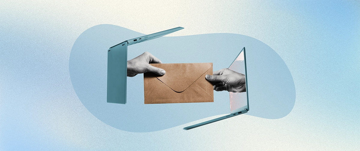 A collage style illustration of two hands coming out of a laptop to exchange an envelope, showing the concept of email marketing